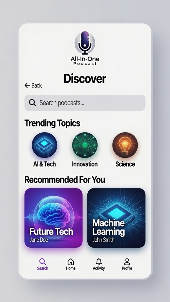Yak app Discover screen with trending podcasts